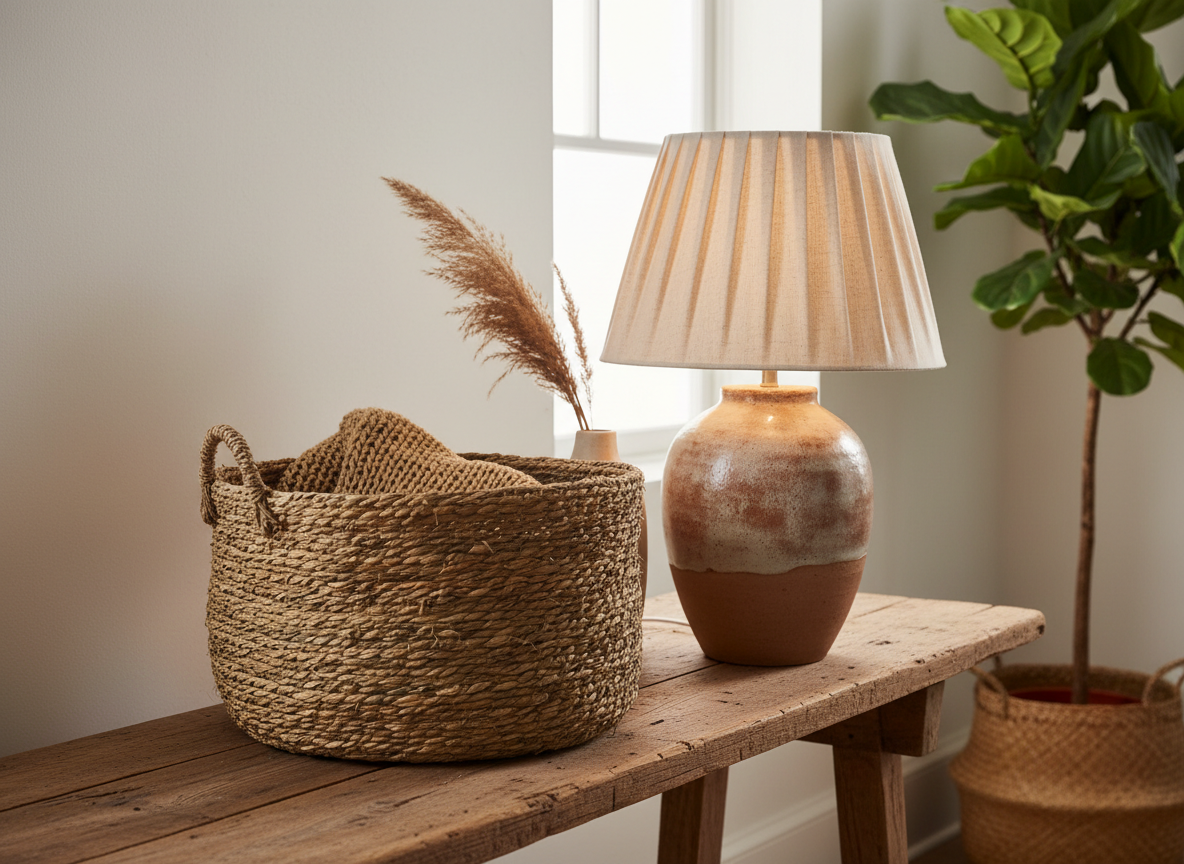 Ceramic lamp and woven basket on a wooden table in soft light